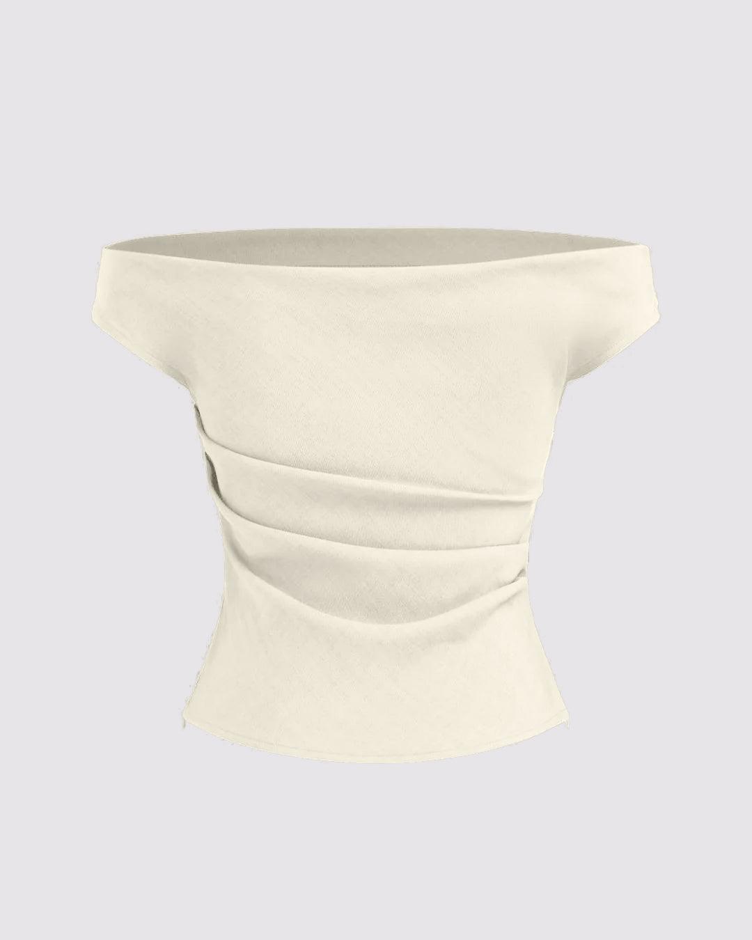 Solid Color Off-Shoulder Ruched Off White Top
