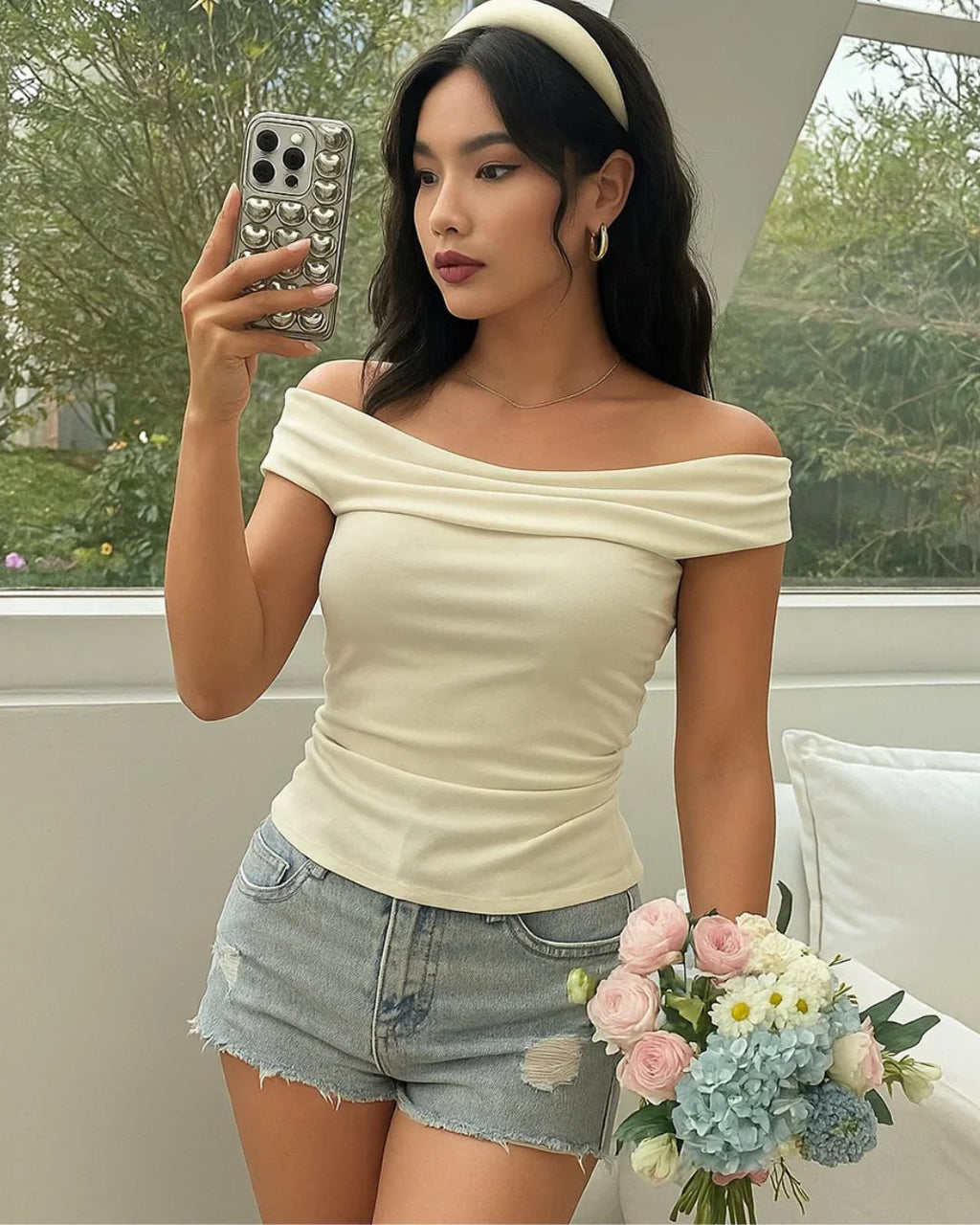 Solid Color Off-Shoulder Ruched Off White Top