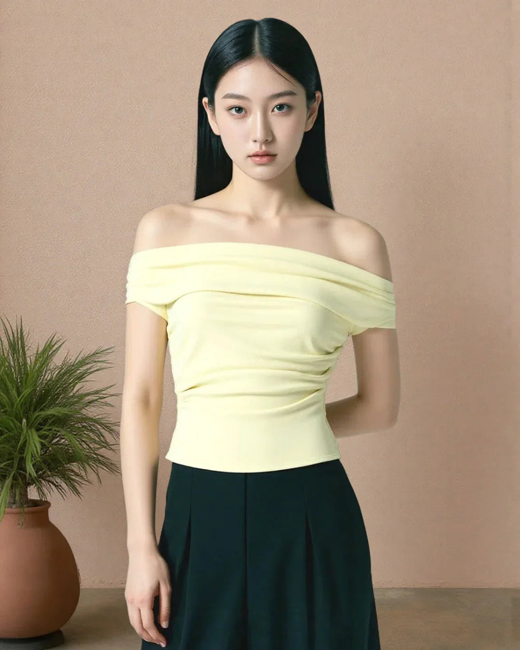 Solid Color Off-Shoulder Ruched Vanilla Top