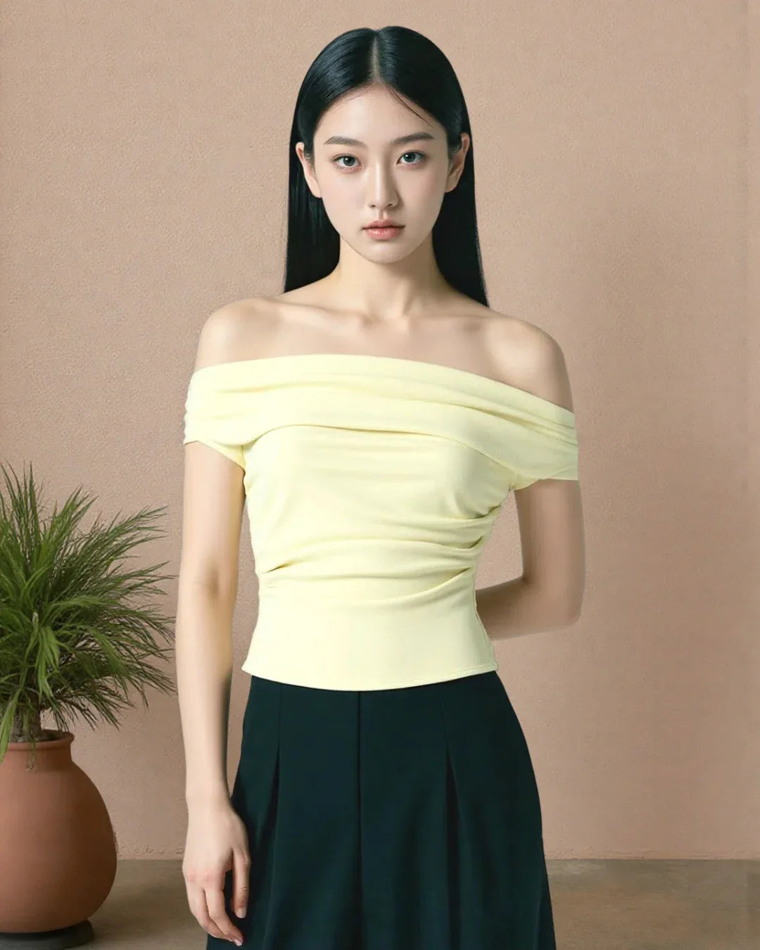 Solid Color Off-Shoulder Ruched Vanilla Top