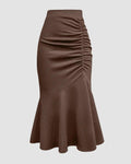 Solid Color Pleated Mermaid Long Brown Skirt