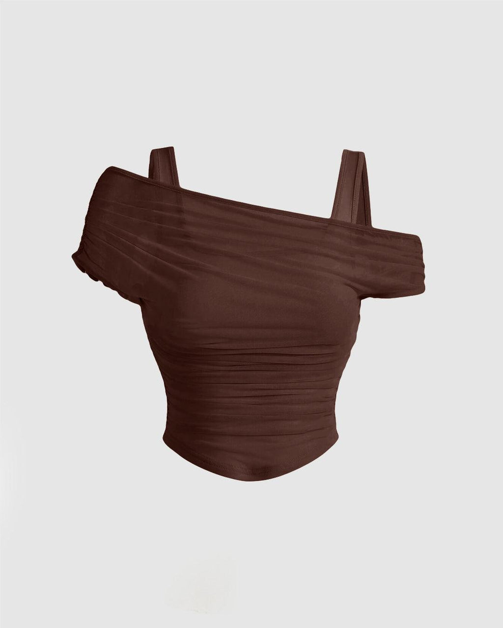 Solid Color Puff Sleeve Mesh Top In Coco Brown