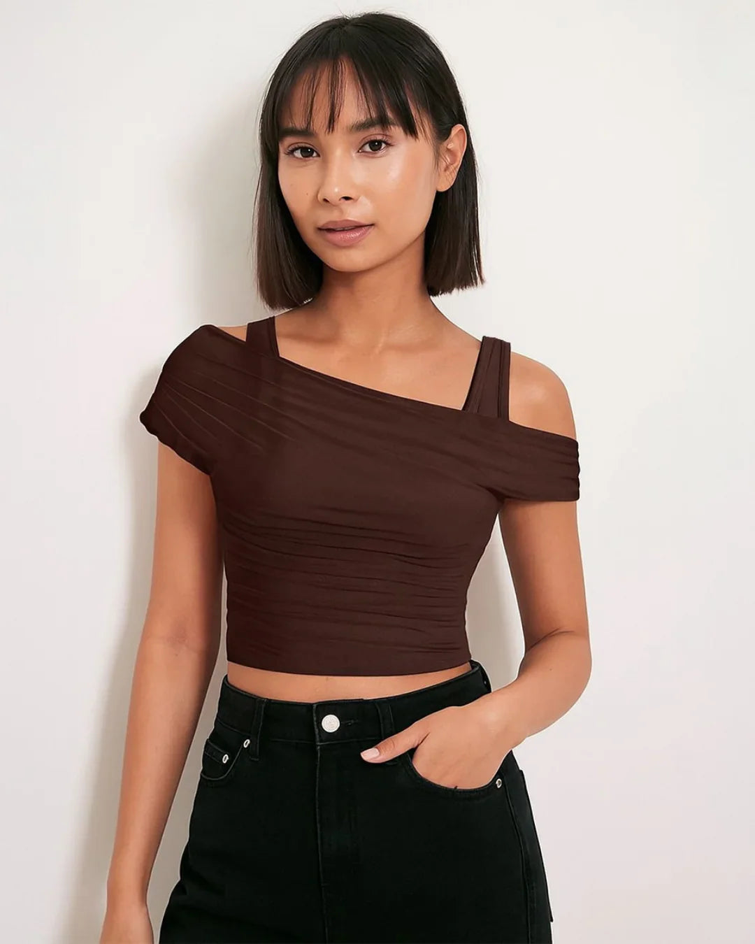 Solid Color Puff Sleeve Mesh Top In Coco Brown