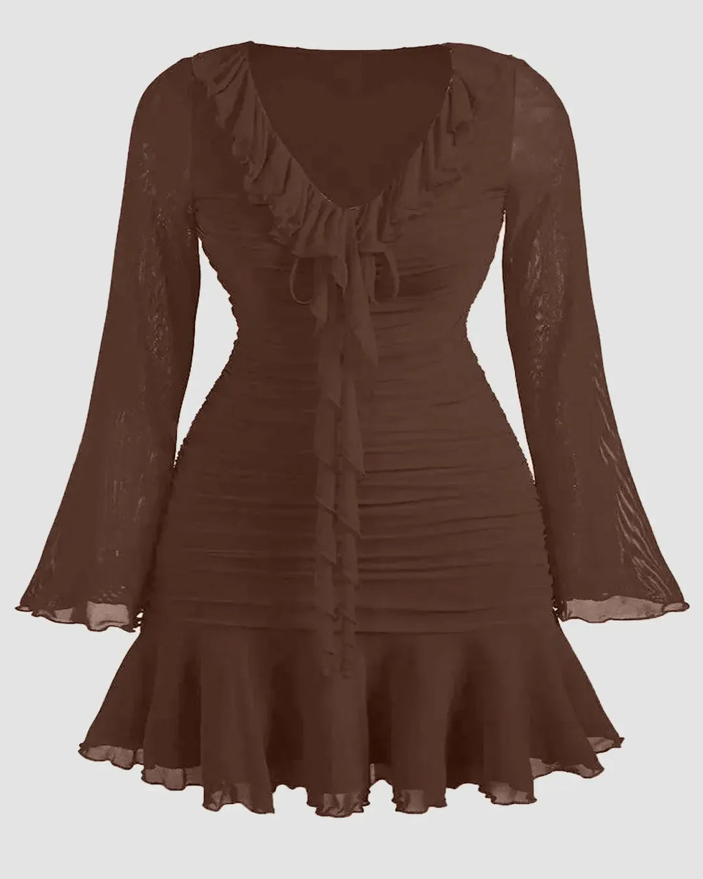 Solid Color Ruffle Hem Long Sleeve Mini Dress In Coco Curve & Plus