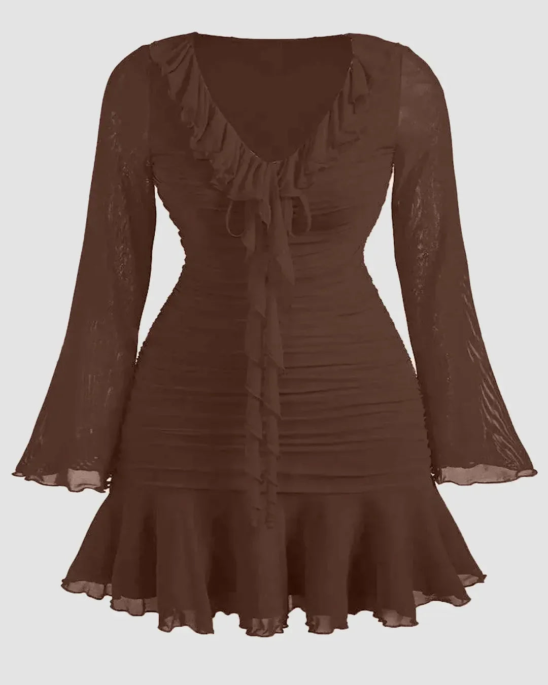 Solid Color Ruffle Hem Long Sleeve Mini Dress In Coco Curve & Plus