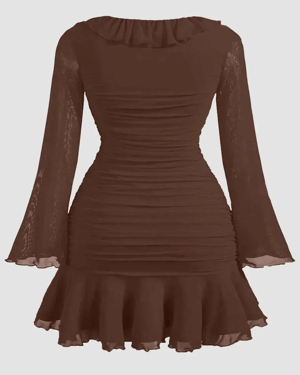 Solid Color Ruffle Hem Long Sleeve Mini Dress In Coco Curve & Plus
