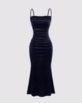 Solid Color Spaghetti Strap Ruched Mermaid Dress In Navy Blue
