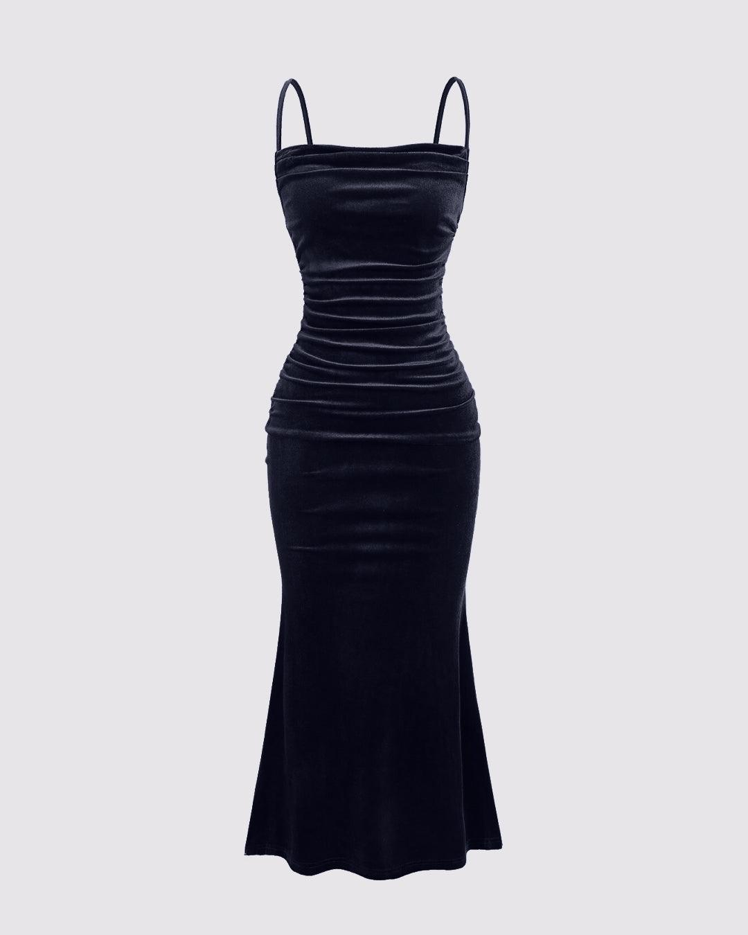 Solid Color Spaghetti Strap Ruched Mermaid Dress In Navy Blue