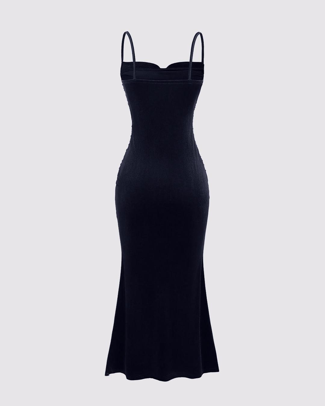 Solid Color Spaghetti Strap Ruched Mermaid Dress In Navy Blue