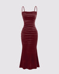 Solid Color Spaghetti Strap Ruched Mermaid Dress In Rose Gold