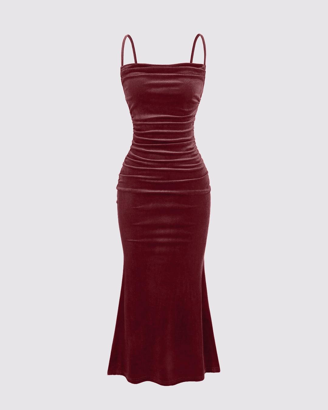 Solid Color Spaghetti Strap Ruched Mermaid Dress In Rose Gold
