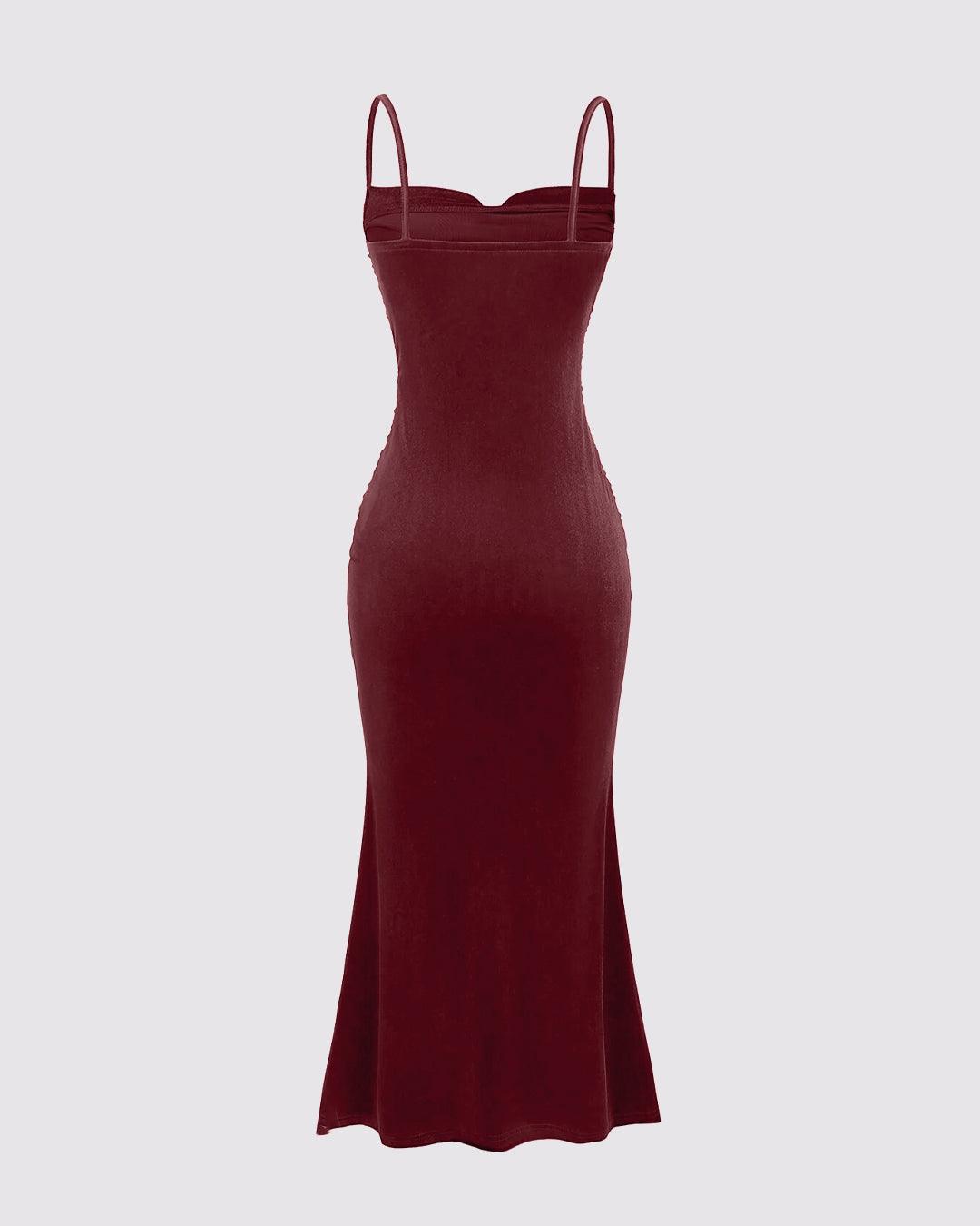 Solid Color Spaghetti Strap Ruched Mermaid Dress In Rose Gold