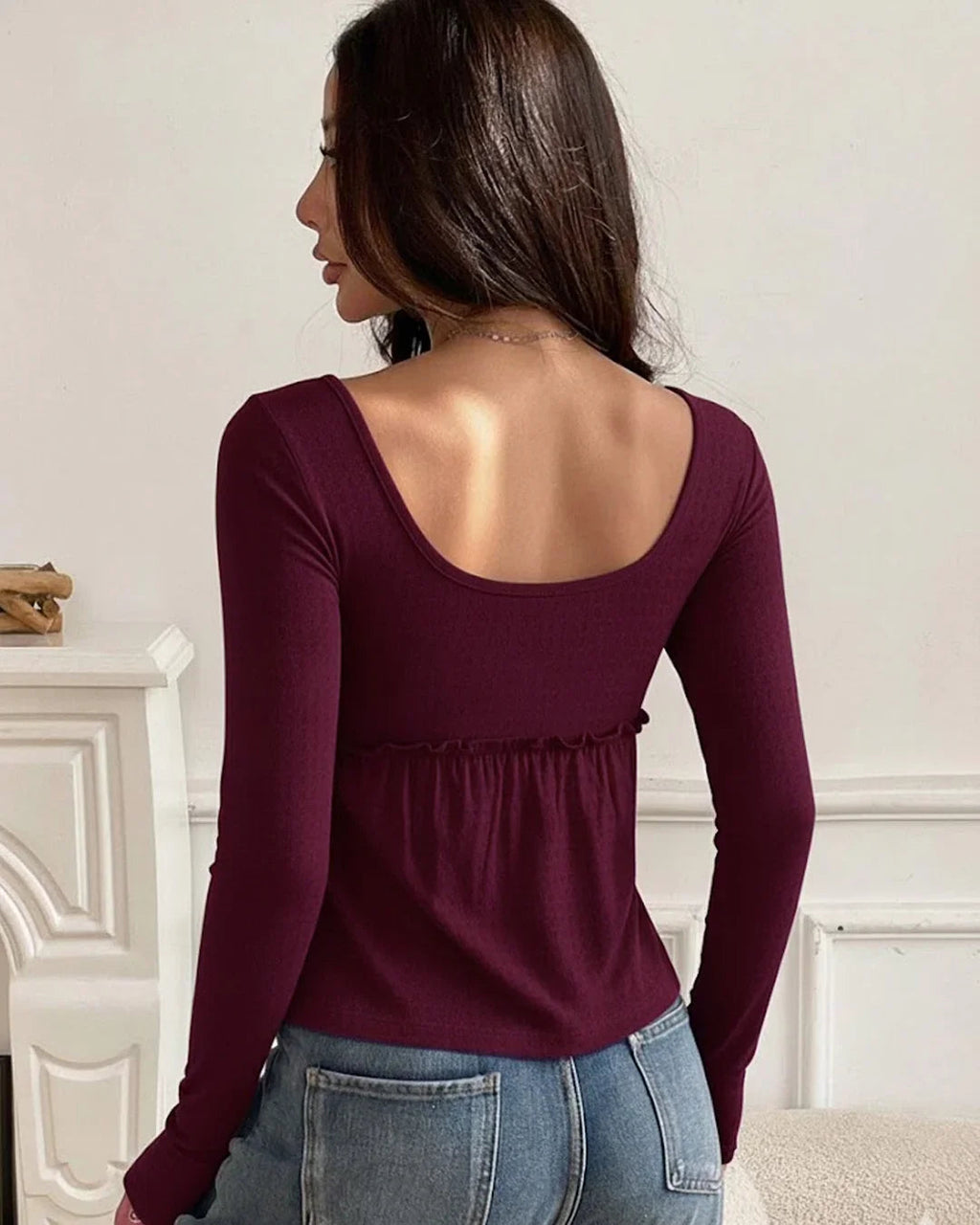 Solid Color Square Neck Long Sleeve Ruffle Hem Top in Maroon