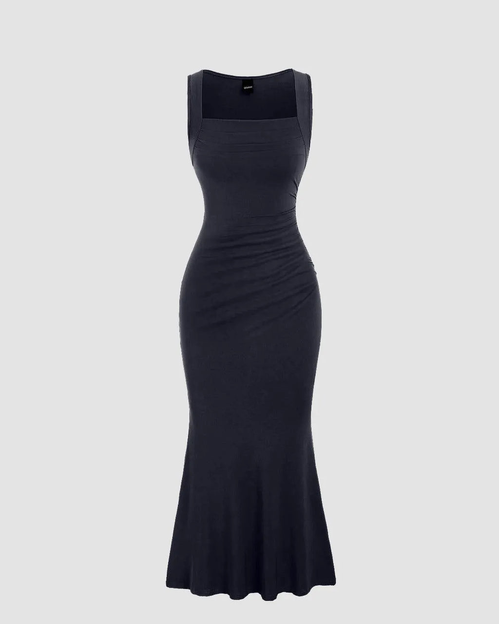 Solid Color Square Neckline Pleated Waist & Sleeveless Dark Navy Dress