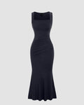 Solid Color Square Neckline Pleated Waist & Sleeveless Dark Navy Dress