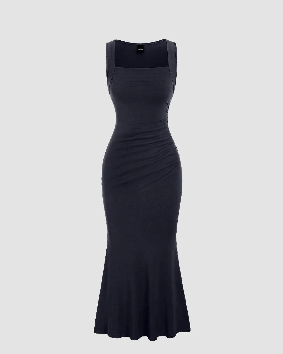 Solid Color Square Neckline Pleated Waist & Sleeveless Dark Navy Dress