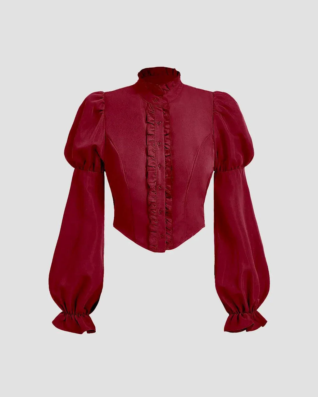 Solid Color Stand Collar Lantern Sleeve Top In Redberry