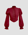 Solid Color Stand Collar Lantern Sleeve Top In Redberry