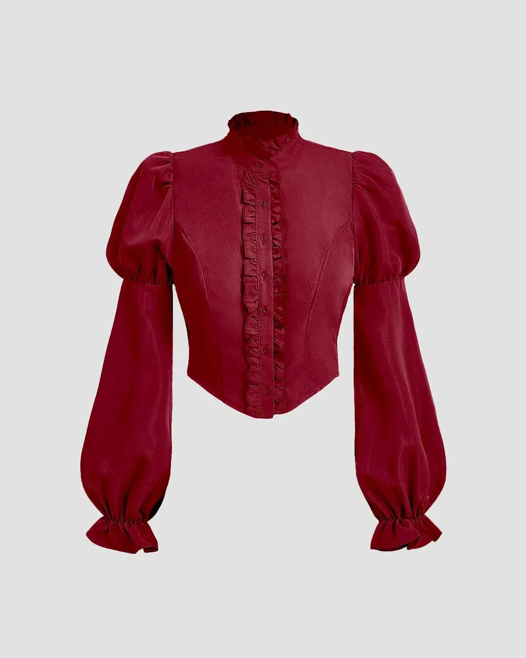 Solid Color Stand Collar Lantern Sleeve Top In Redberry
