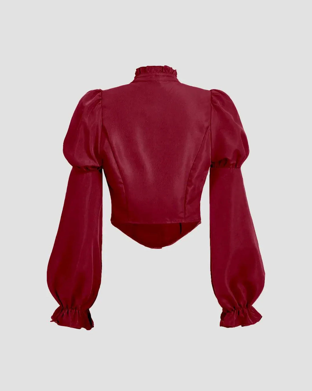 Solid Color Stand Collar Lantern Sleeve Top In Redberry