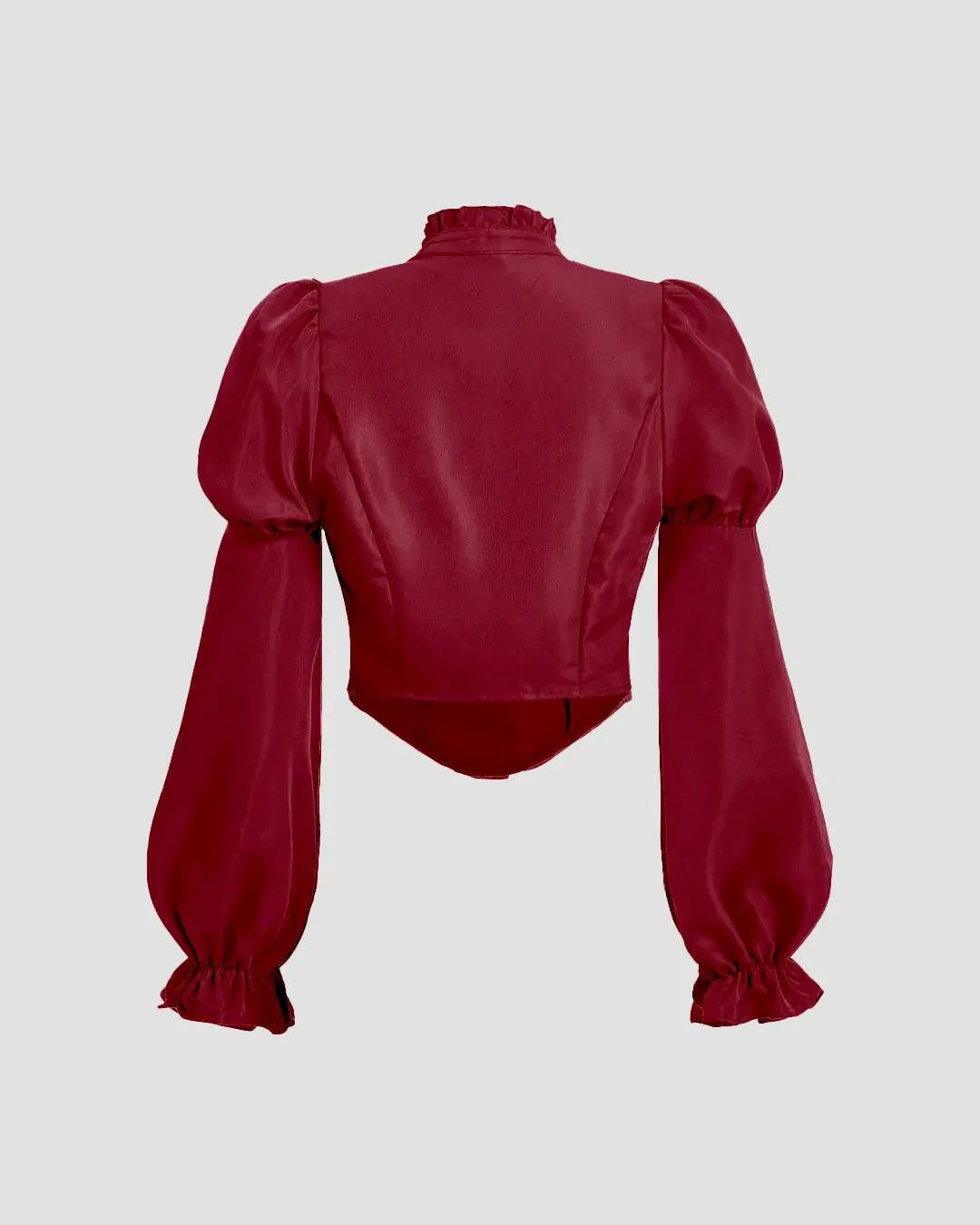 Solid Color Stand Collar Lantern Sleeve Top In Redberry
