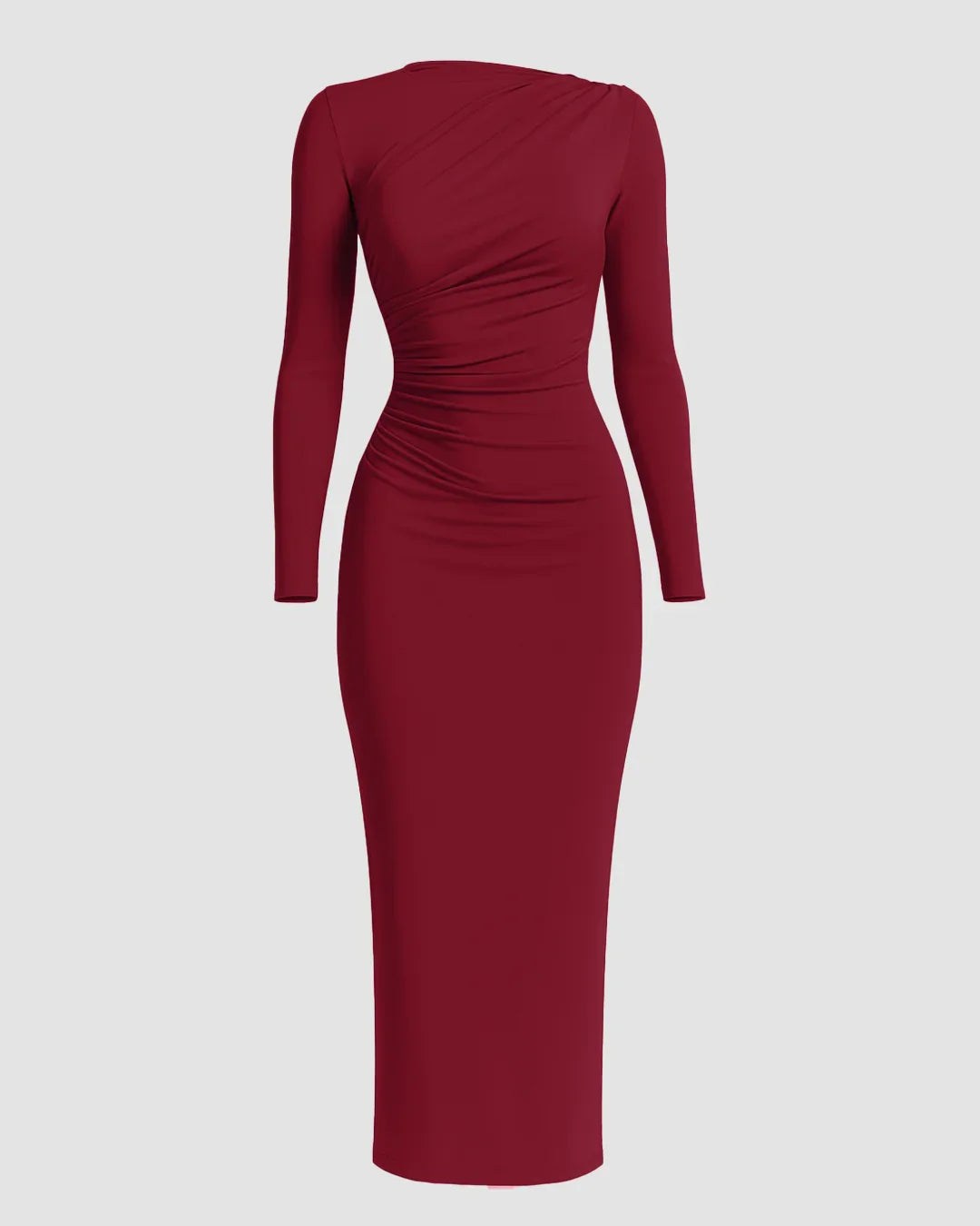 Solid Color Stand Collar Long Sleeve Pleated Bodycon Dress In Redberry