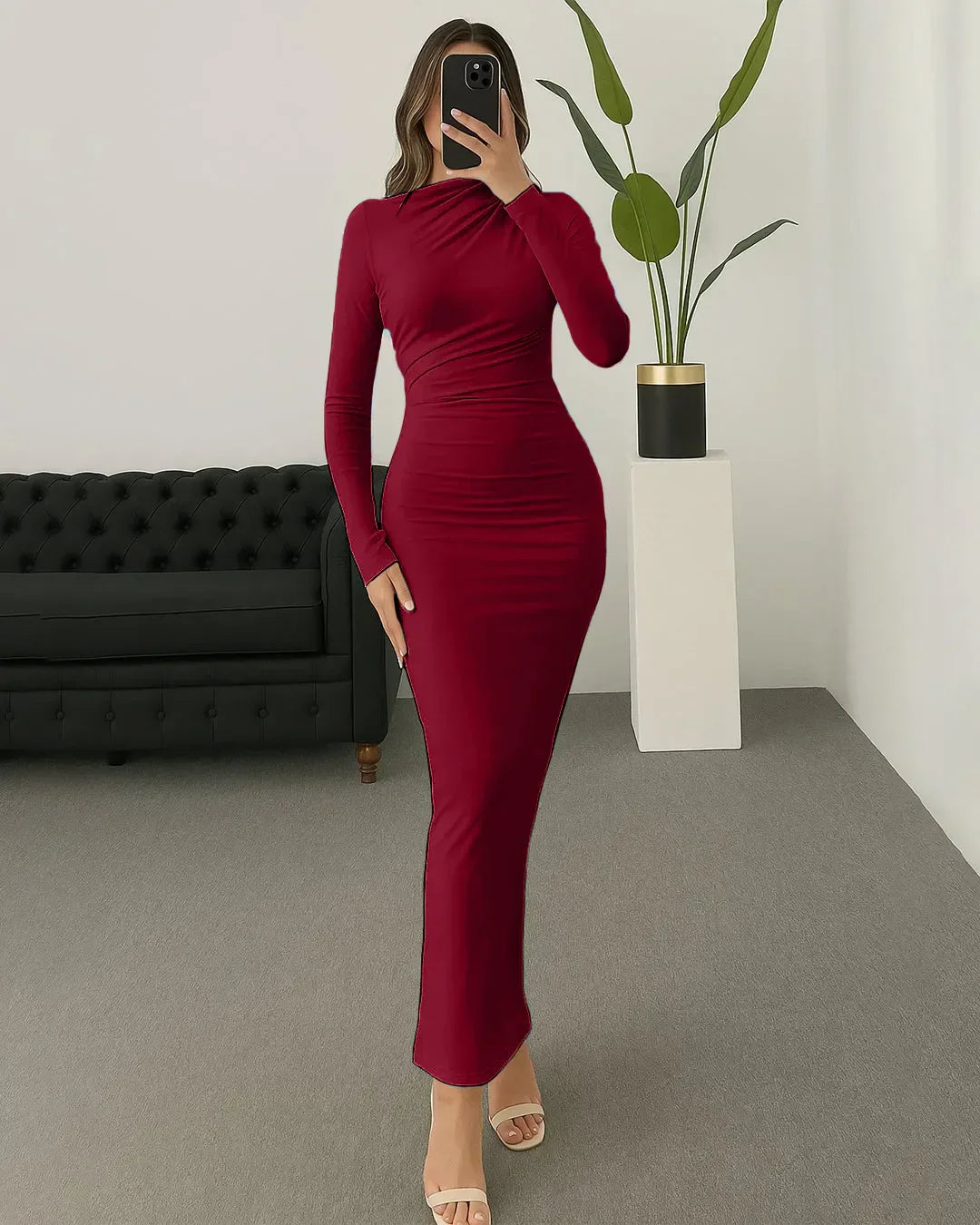 Solid Color Stand Collar Long Sleeve Pleated Bodycon Dress In Redberry