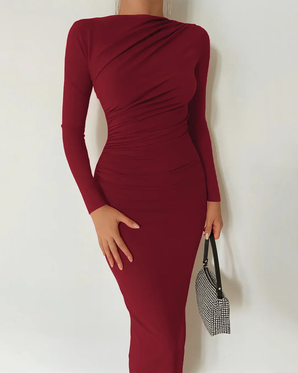 Solid Color Stand Collar Long Sleeve Pleated Bodycon Dress In Redberry
