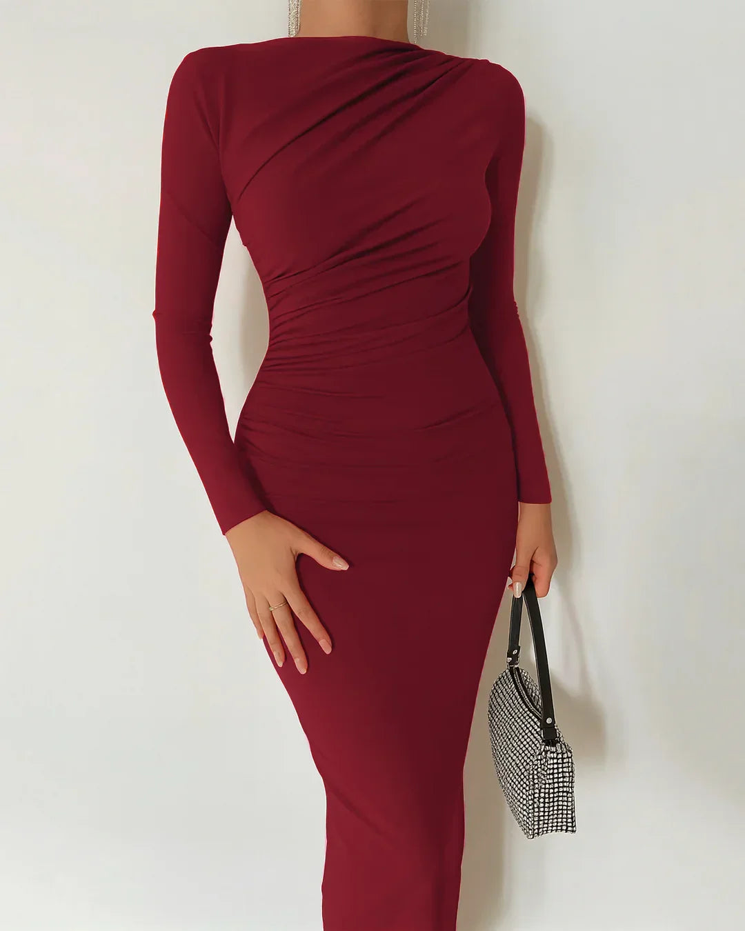 Solid Color Stand Collar Long Sleeve Pleated Bodycon Dress In Redberry