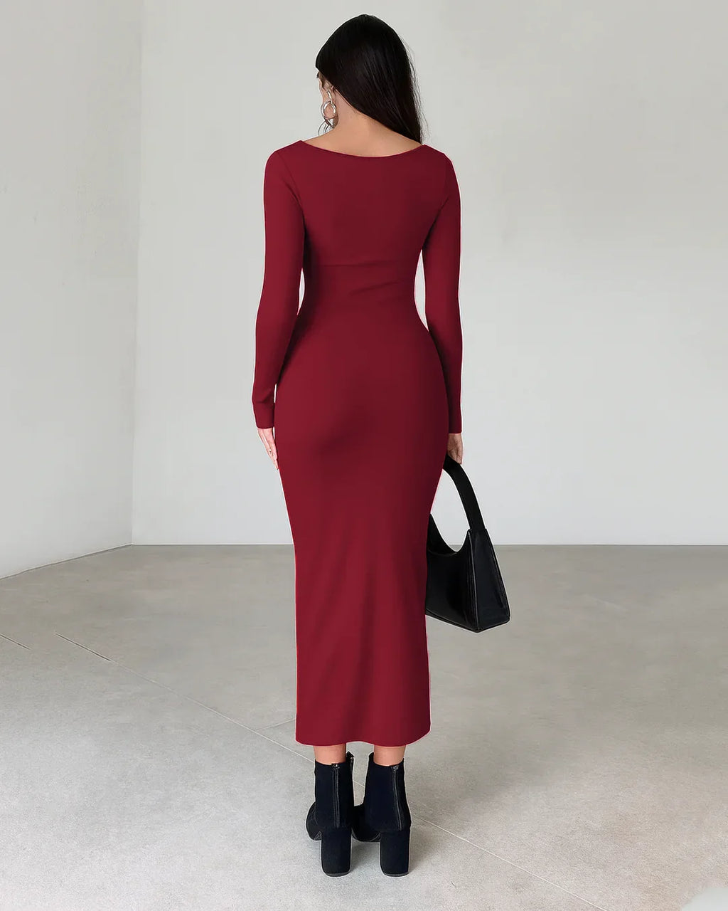 Solid Color Stand Collar Long Sleeve Pleated Bodycon Dress In Redberry