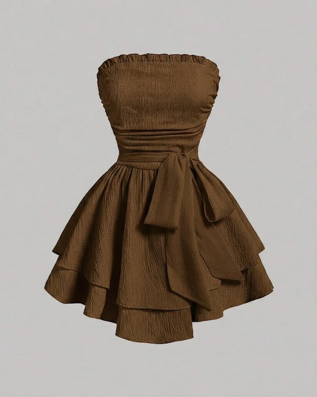 Solid Color Strapless Dress With Waist Belt in Brown