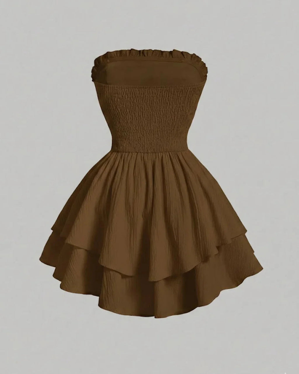 Solid Color Strapless Dress With Waist Belt in Brown