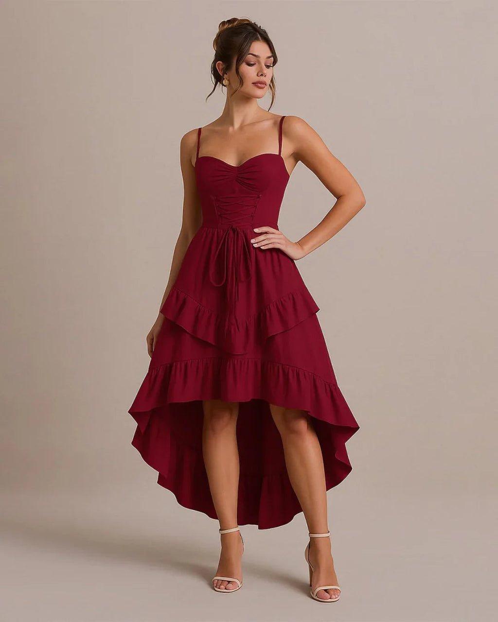 Solid Color Sweetheart Neckline Cross Tie Rod Ruffle Edge Red Dress