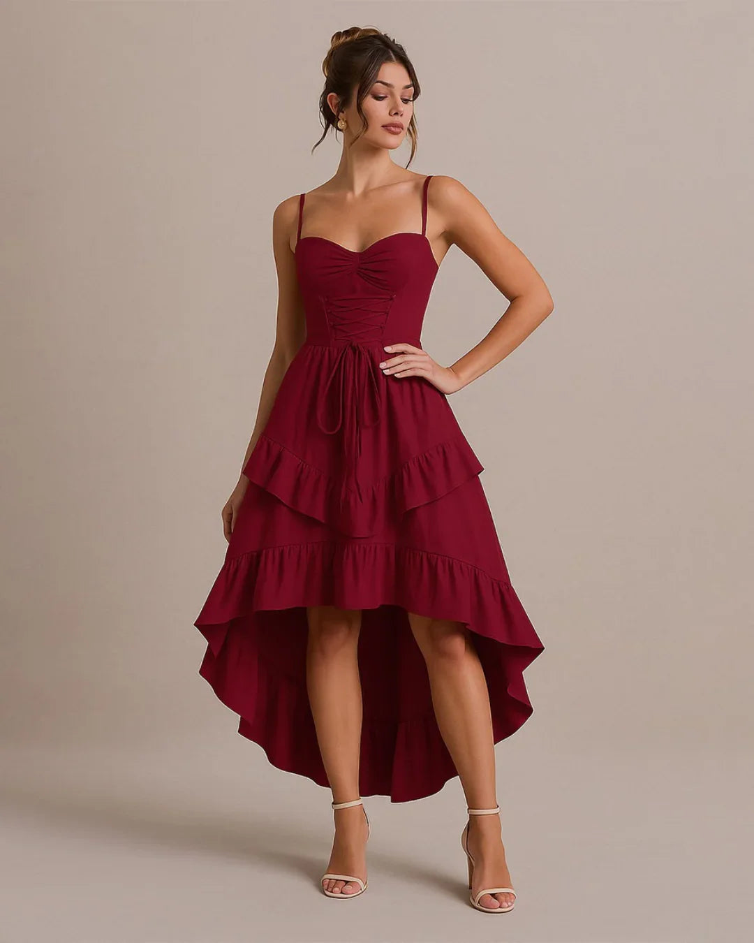 Solid Color Sweetheart Neckline Cross Tie Rod Ruffle Edge Red Dress