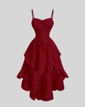 Solid Color Sweetheart Neckline Cross Tie Rod Ruffle Edge Red Dress