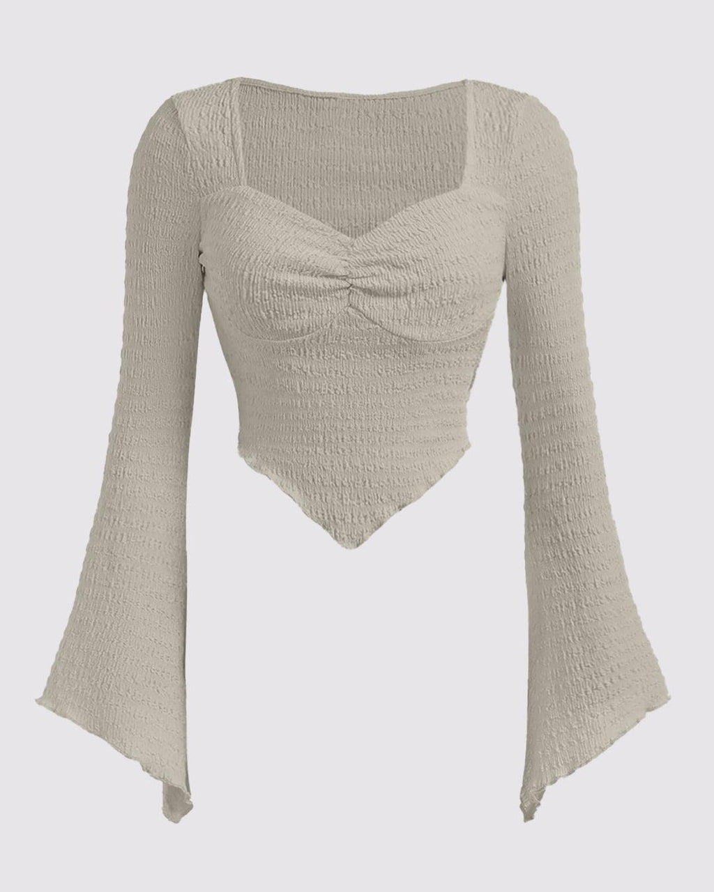Solid Color Textured Heart Neck Flare Sleeve Casual Long Sleeve Top In Grey