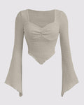 Solid Color Textured Heart Neck Flare Sleeve Casual Long Sleeve Top In Grey