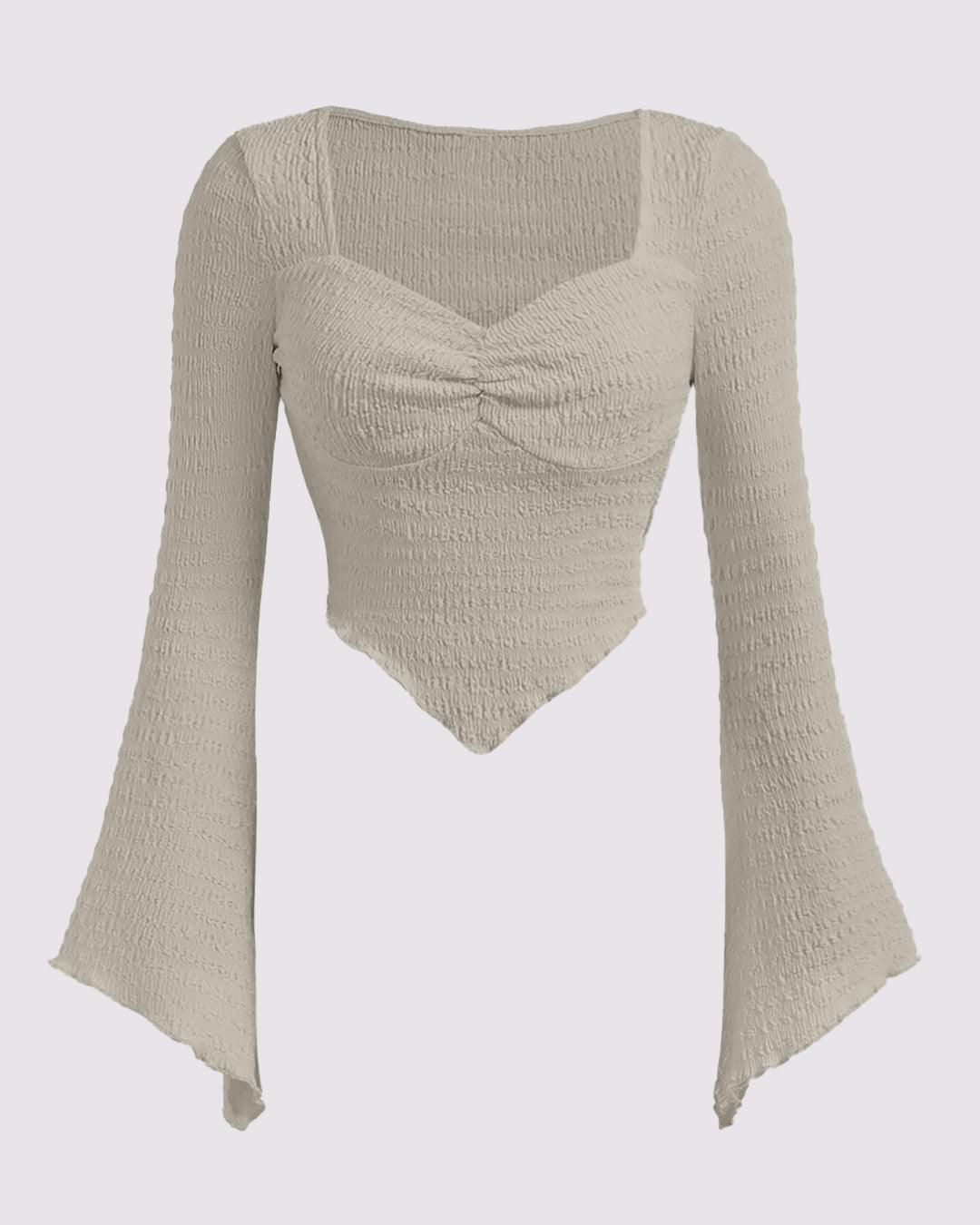 Solid Color Textured Heart Neck Flare Sleeve Casual Long Sleeve Top In Grey