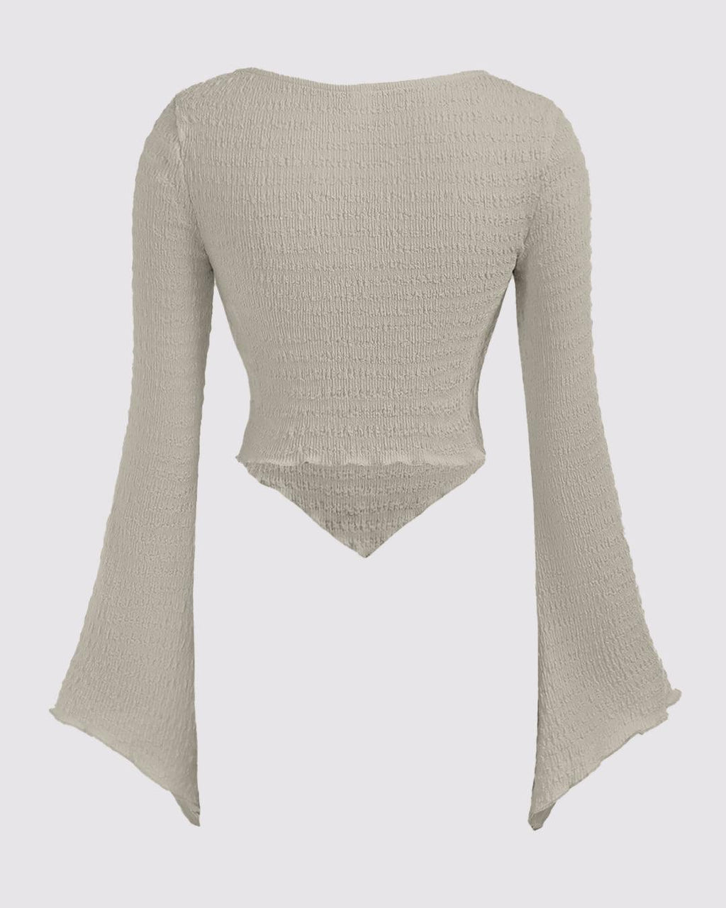 Solid Color Textured Heart Neck Flare Sleeve Casual Long Sleeve Top In Grey