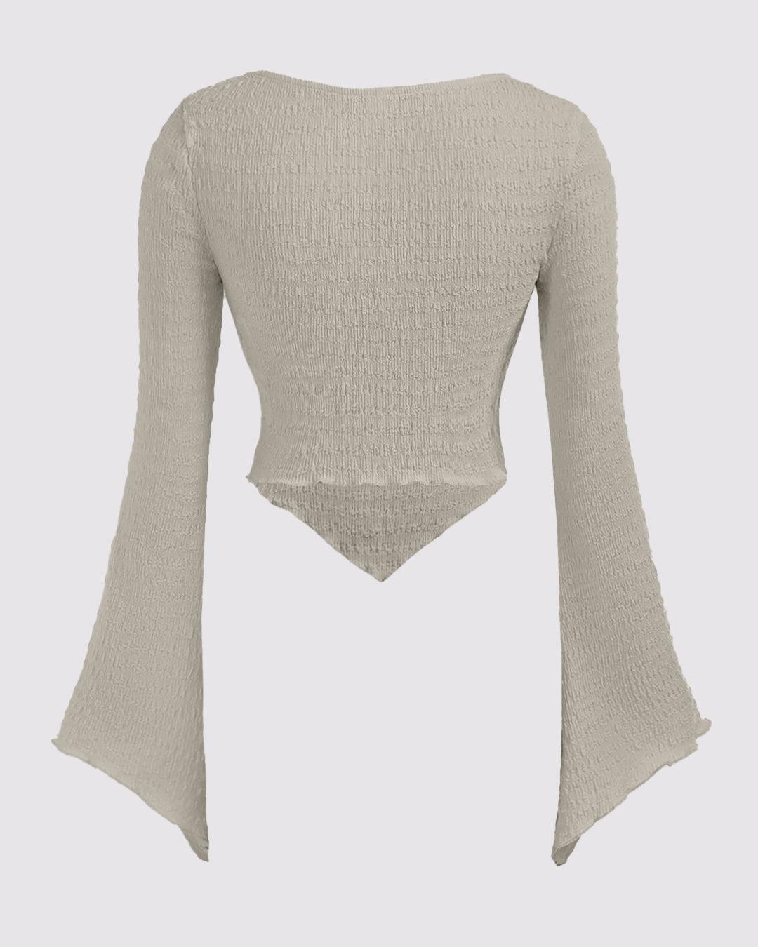 Solid Color Textured Heart Neck Flare Sleeve Casual Long Sleeve Top In Grey