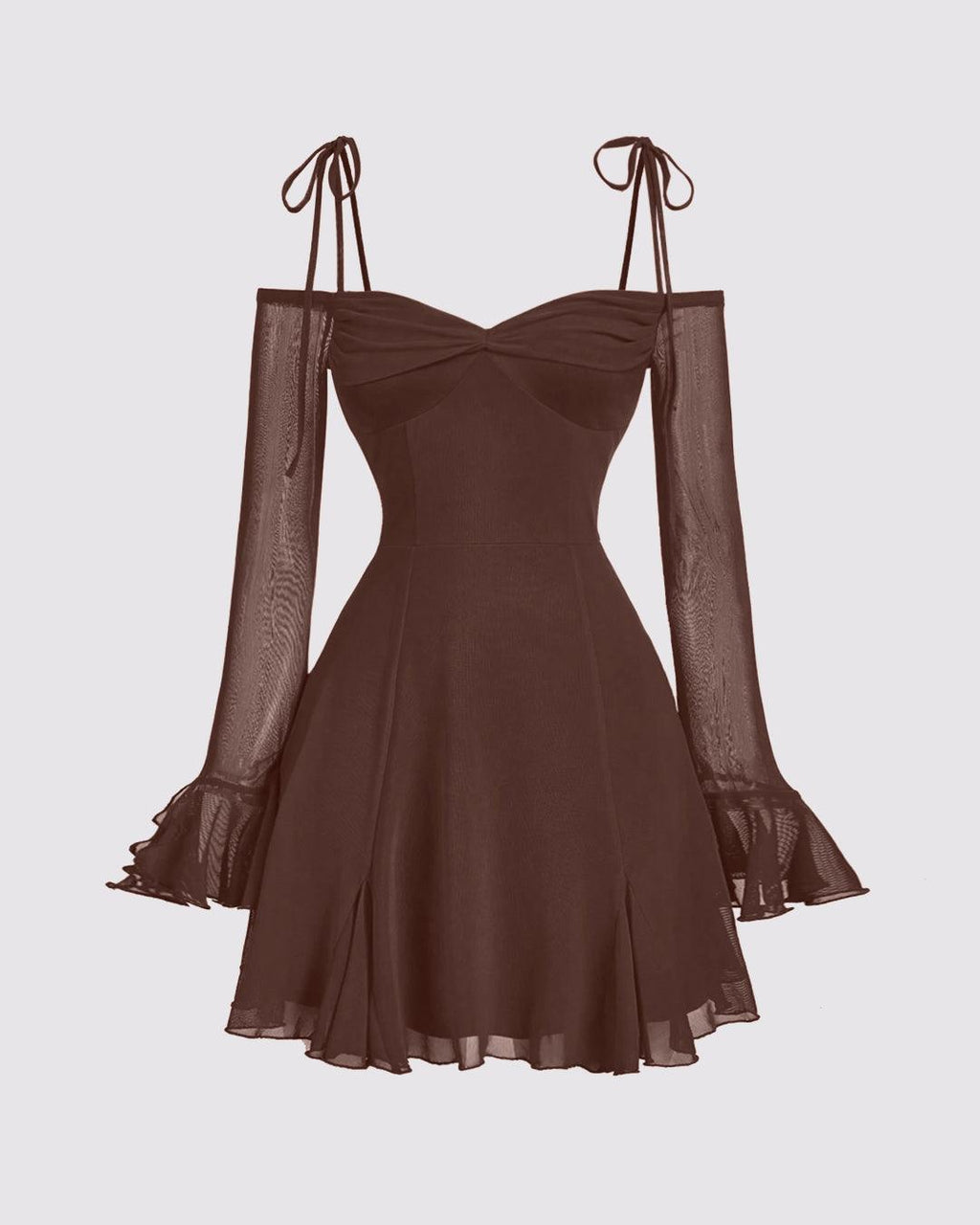 Solid Color V-Neck Bow Tie Waist Dress In Chocolate Brown