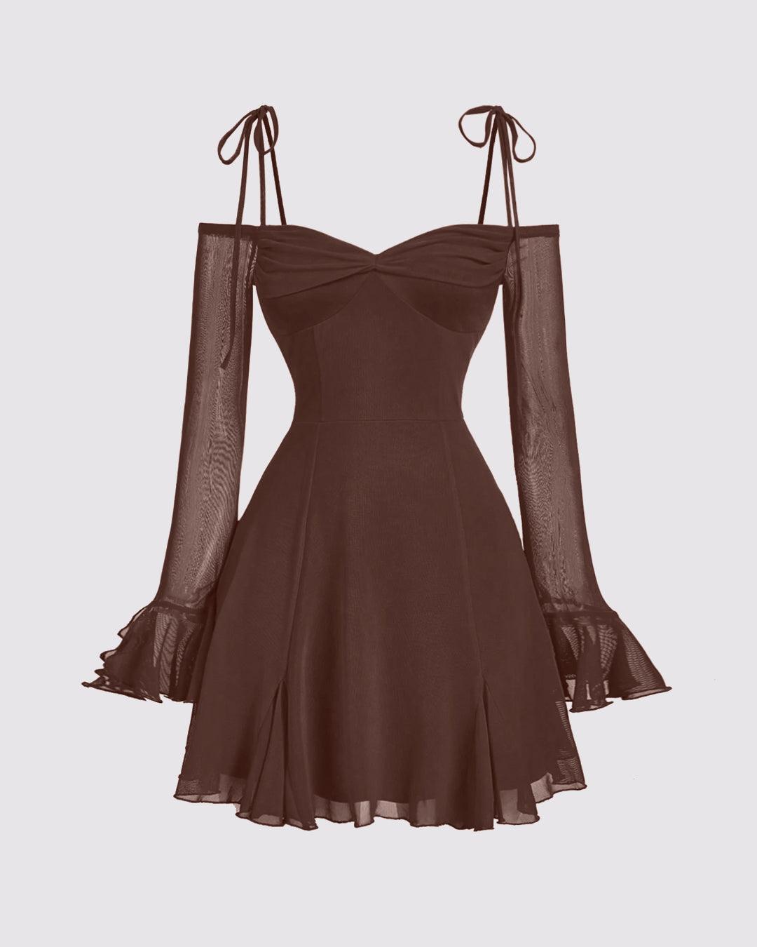 Solid Color V-Neck Bow Tie Waist Dress In Chocolate Brown