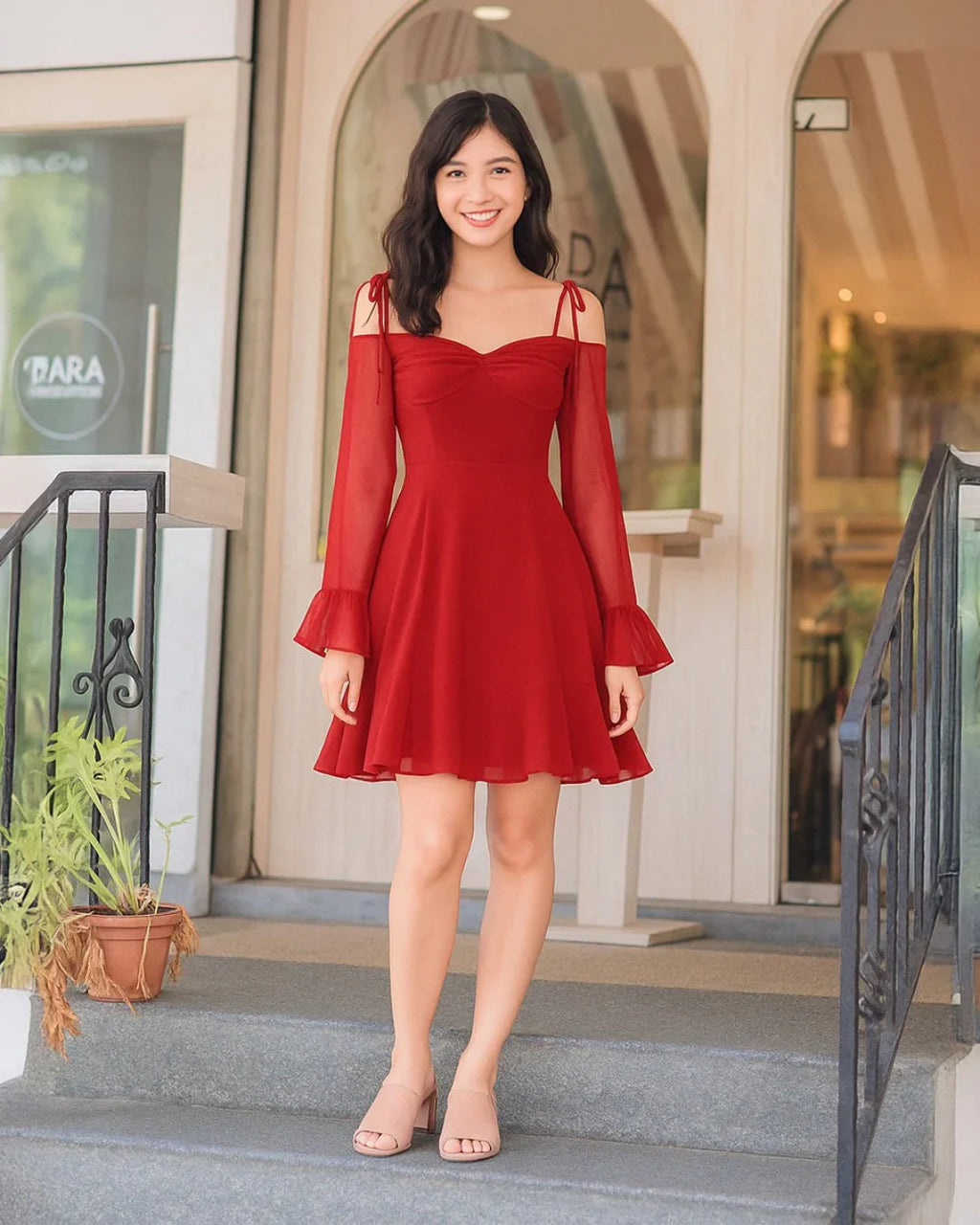 Solid Color V-Neck Bow Tie Waist Dress In Red