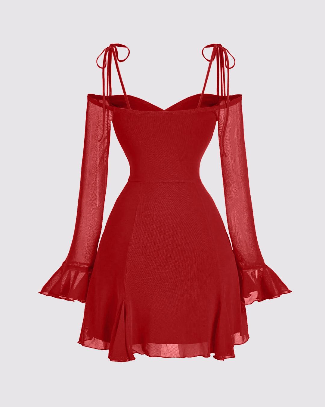 Solid Color V-Neck Bow Tie Waist Dress In Red
