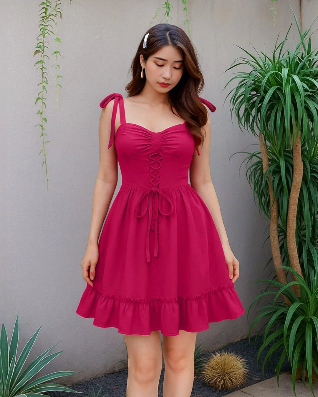 Solid Color Vintage Cross Strap Cami Dress In Pink