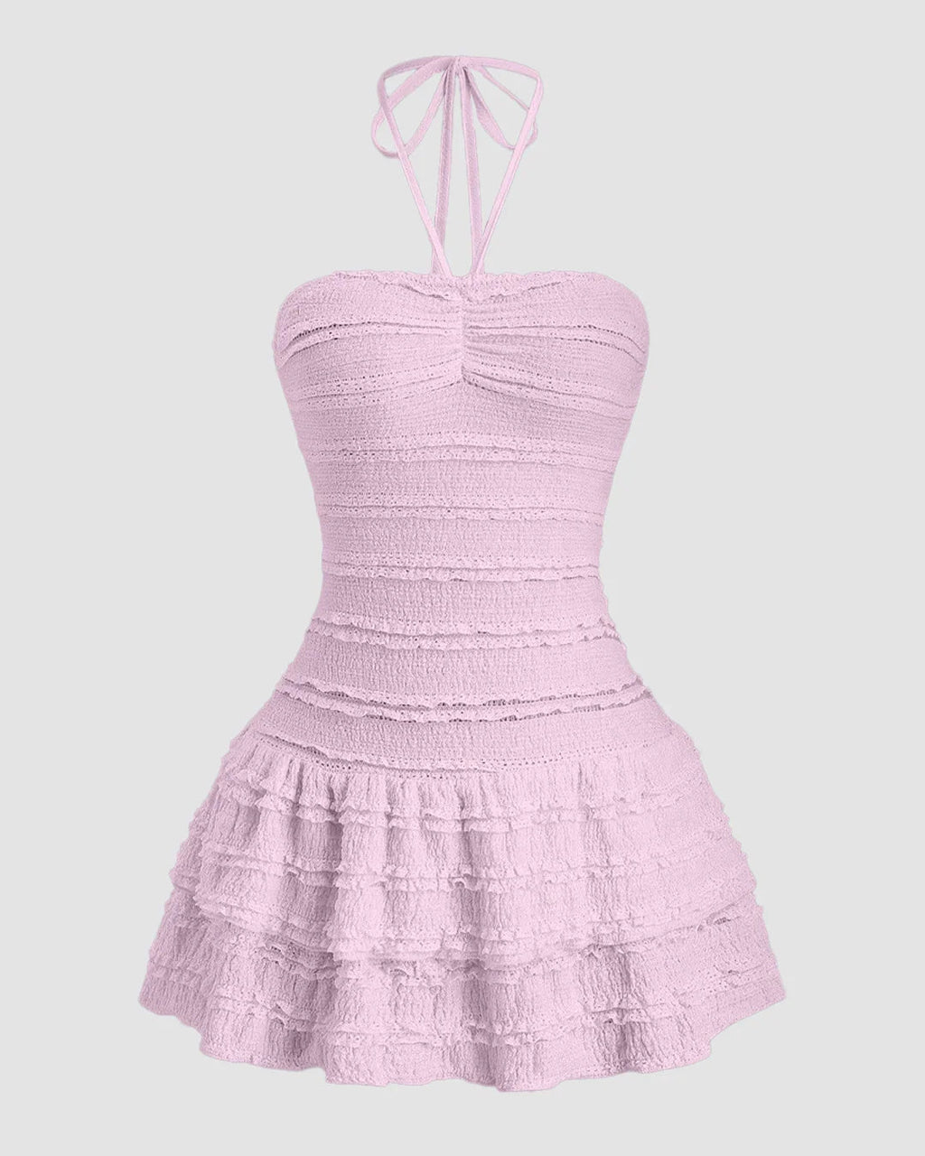 Solid Colour Textured Halter Neck Ruffle Hem Dress in Light Purple