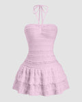 Solid Colour Textured Halter Neck Ruffle Hem Dress in Light Purple