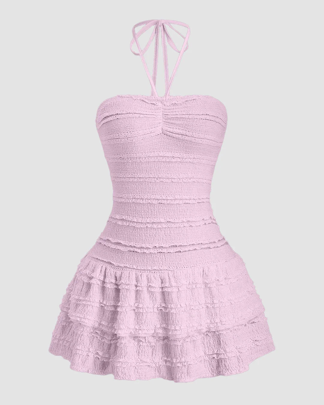 Solid Colour Textured Halter Neck Ruffle Hem Dress in Light Purple