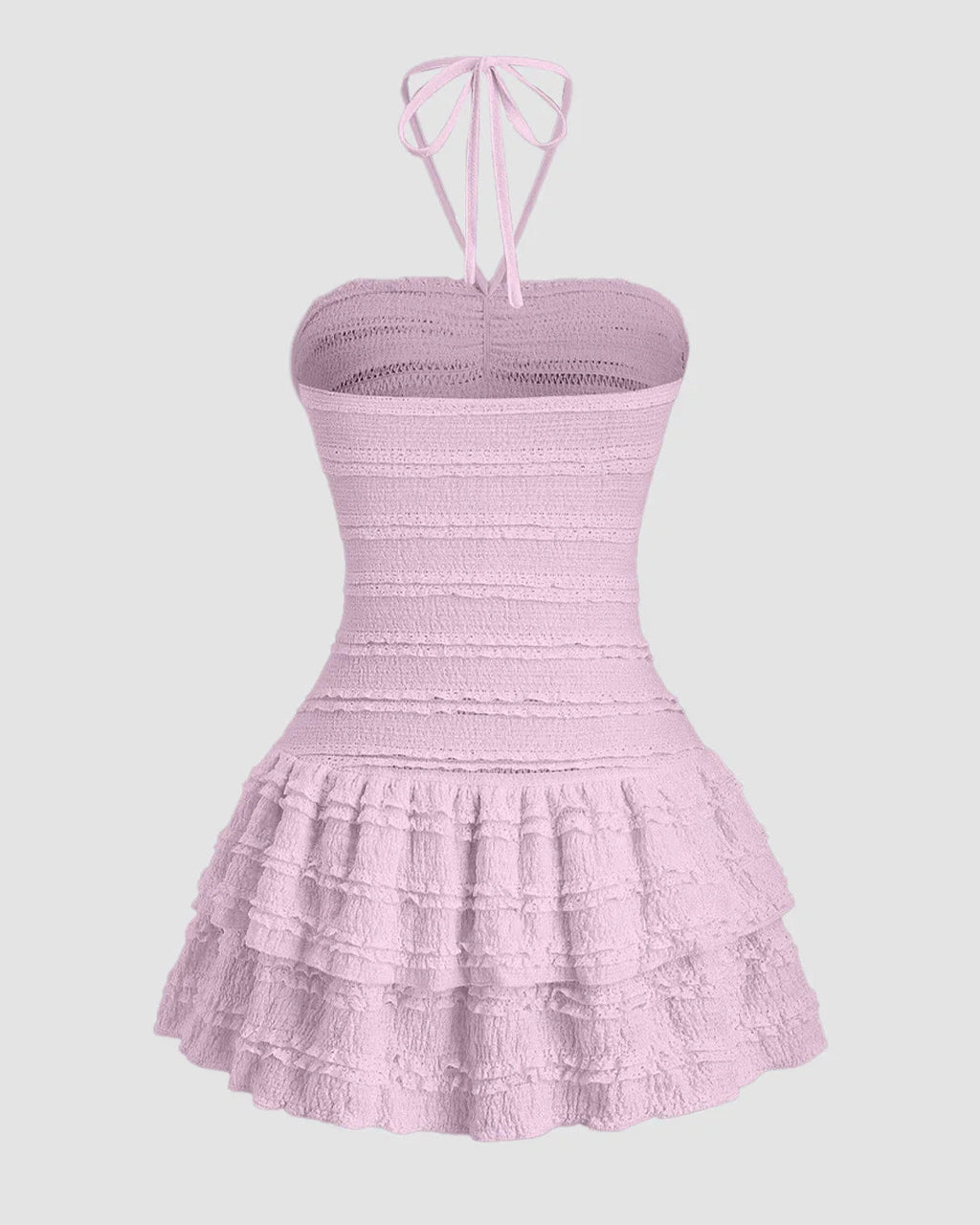 Solid Colour Textured Halter Neck Ruffle Hem Dress in Light Purple