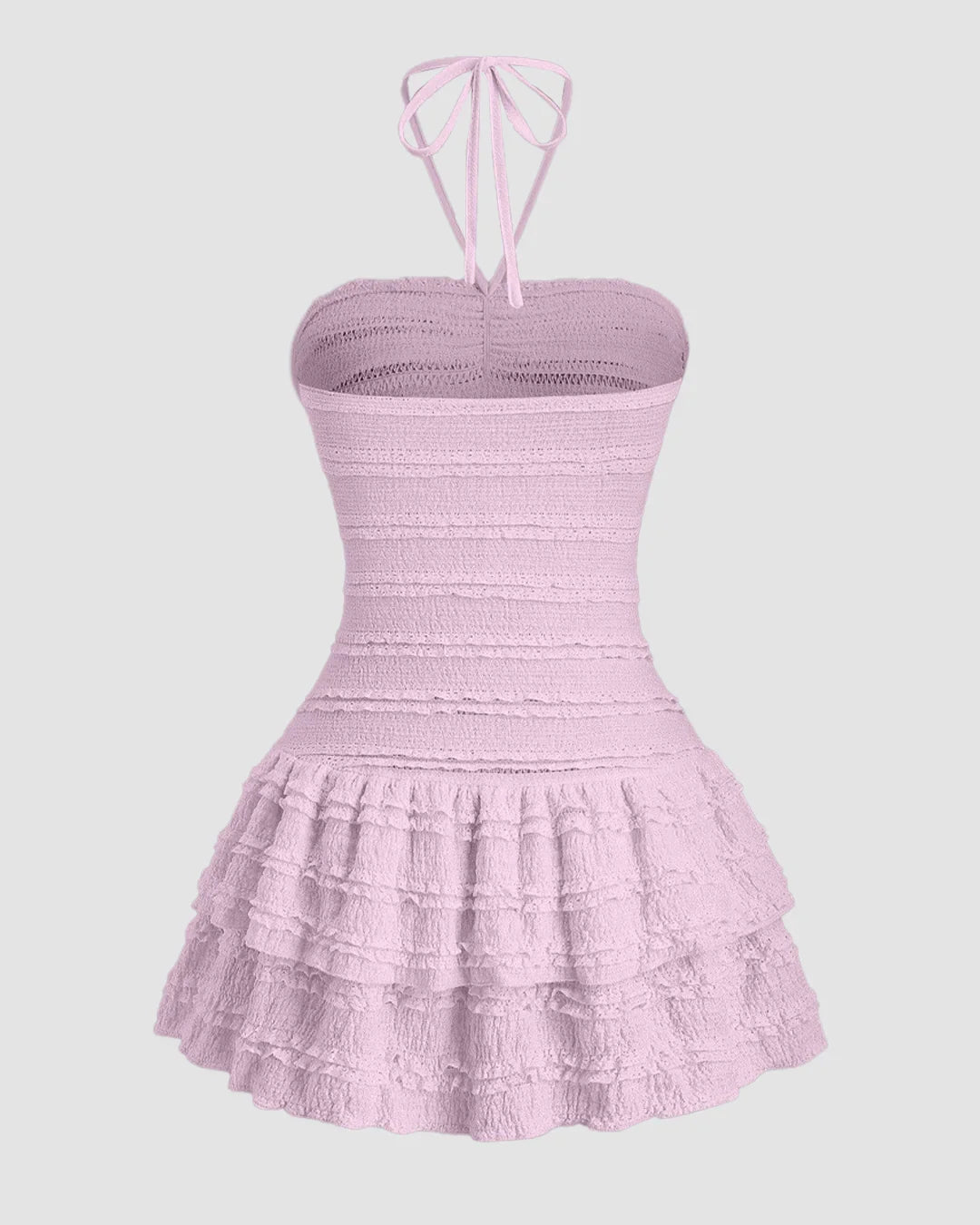 Solid Colour Textured Halter Neck Ruffle Hem Dress in Light Purple